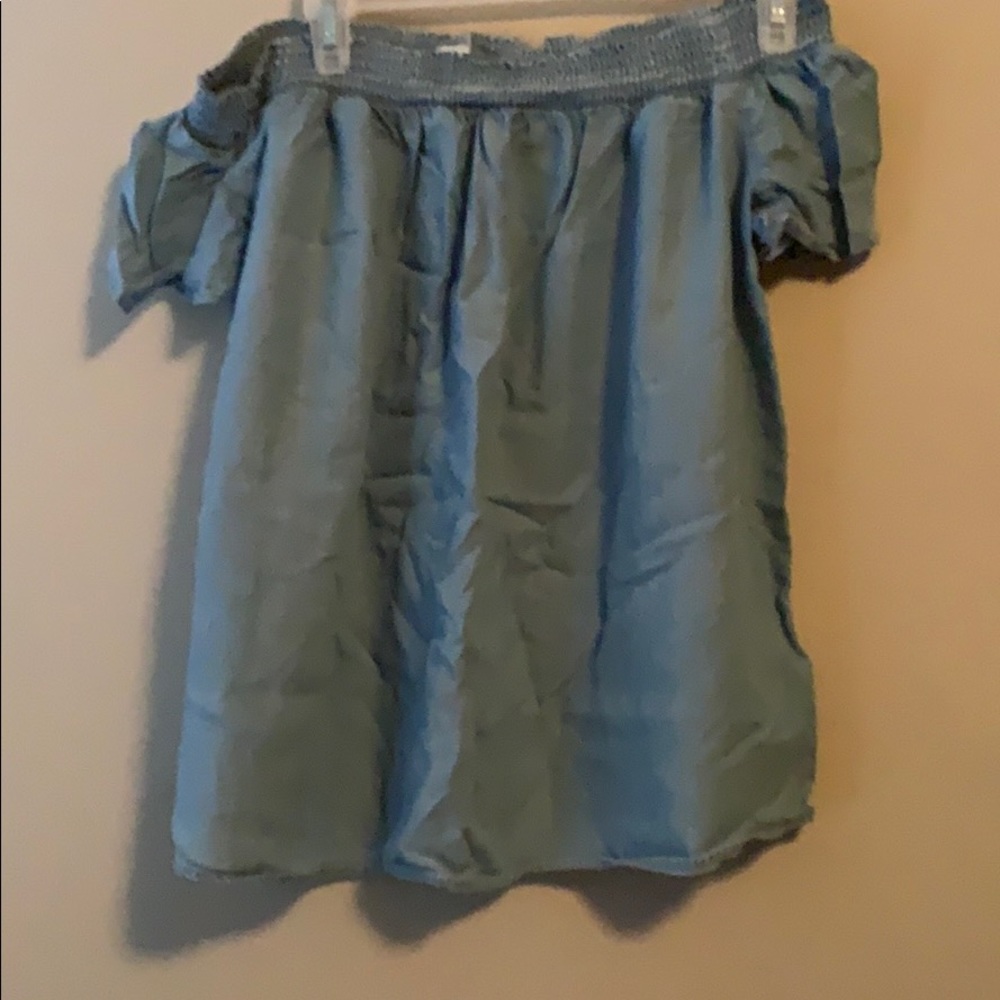 Old navy off the shoulder blue jean shirt